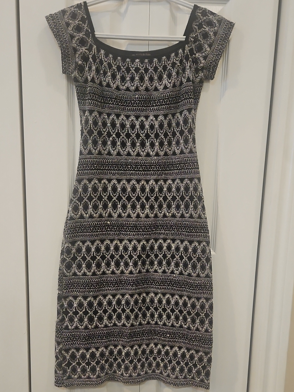 Black Midi Dress with White Patterned Detailing